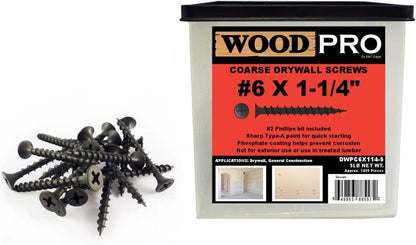 WoodPro Fasteners DWPC6X114-5 No 2 Phillips 5-Pound Net Weight 6 by 1-1/4-Inch Coarse Drywall Screws, 1420-Piece, Black