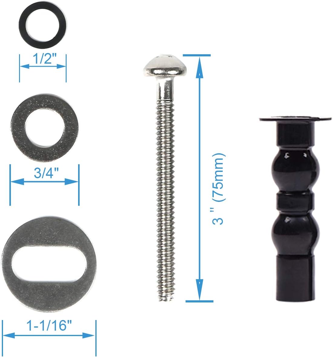 6 Pack Universal Toilet Seat Hinges Screw, Toilet Seat Hinges Blind Hole Fixings Expanding Rubber Top Fix Nuts Screws for Top Mounting Toilet Seat Hinges-3 Pairs