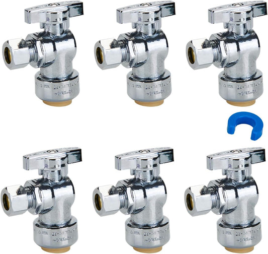 SUNGATOR 6-Pack Angle Stop Valve, 1/2" Ptc x 3/8" Compression Push Fit Angle Shut Off Water Valve with Disconnect Clip